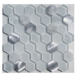 Hexagon White Metal Стеклянная мозаика  c металлом Философия мозаики 300x300 мм