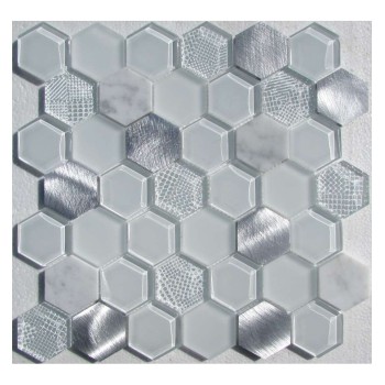 Hexagon White Metal Стеклянная мозаика  c металлом Философия мозаики 300x300 мм
